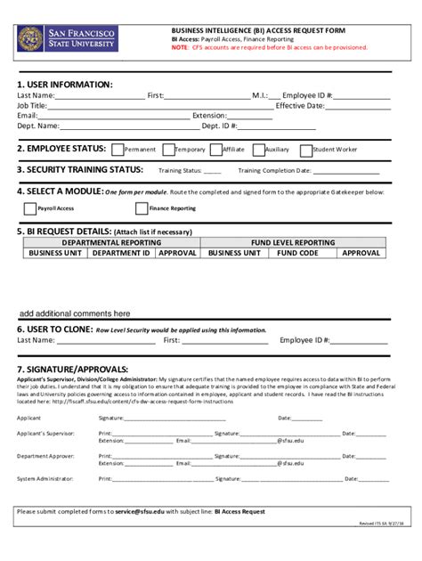 Fillable Online Fiscaff Sfsu Business Intelligence Bi Access Request