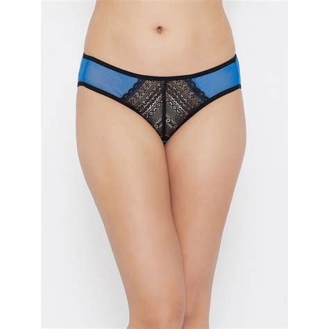 Clovia Sheer Low Waist Bikini Panty With Lace Panel In Blue Powernet