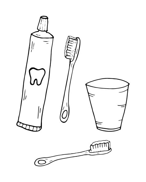 Página Para Colorear Cepillos De Dientes Pasta De Dientes Enjuague Bucal Esquema Ilustración