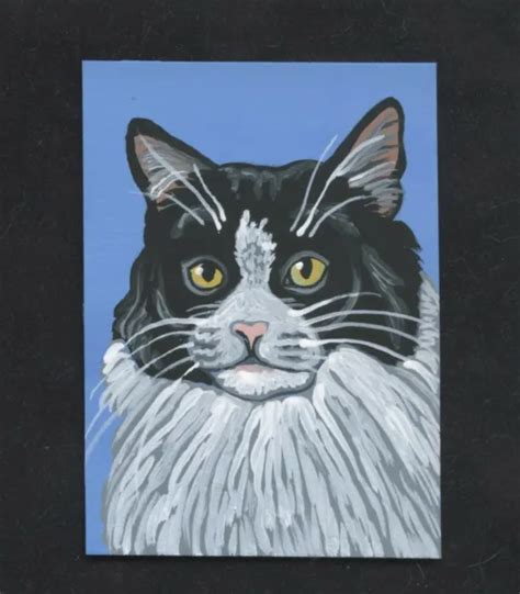 ACEO ATC ORIGINAL Miniature Painting Tuxedo Cat Pet Art Carla Smale