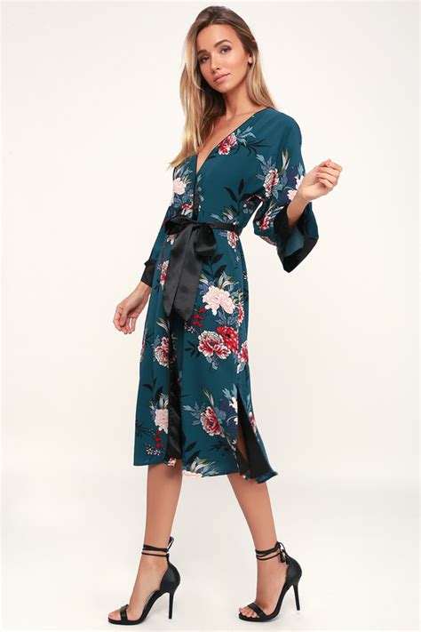 Chic Teal Blue Floral Print Dress Wrap Midi Dress Robe Dress Lulus