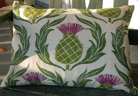 Scottish Thistle Hand Block Printed White Linen Decorative Etsy