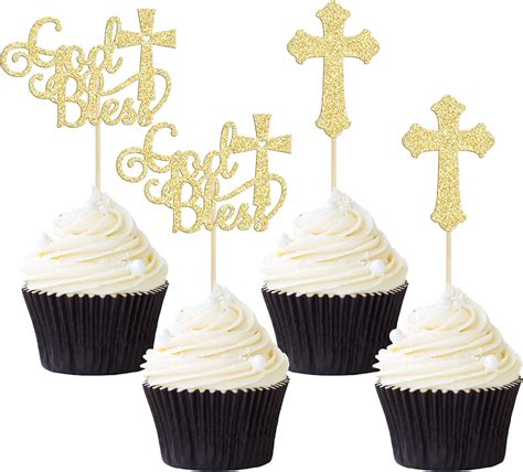 Pcs God Bless Cupcake Toppers Glitter Cross Picks For Christian First