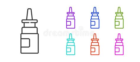 Black Line Bottle Nasal Spray Icon Isolated On White Background Set