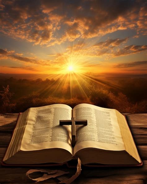 Premium Photo An Open Bible With A Cross On It Over A Sunset