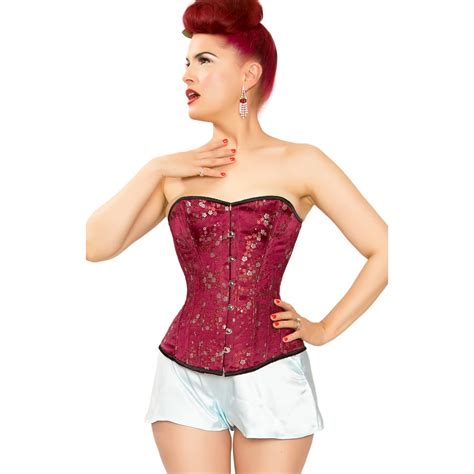 Wine Floral Brocade Steel Boned Corset