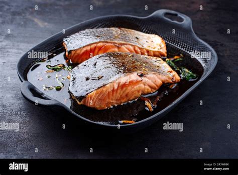 Traditional Japanese Salmon Fish Teriyaki Filet With Soy Souce And