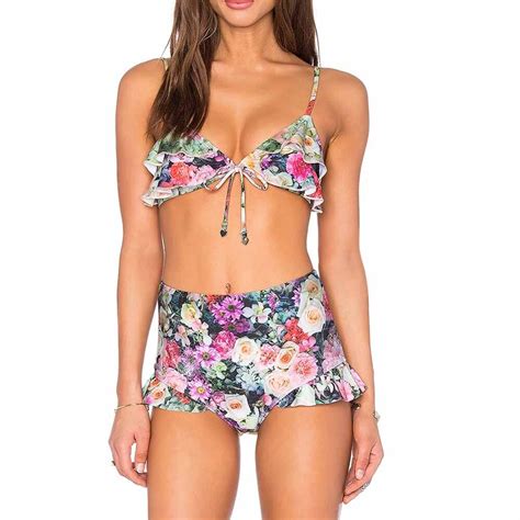 Women High Waist Bandage Bikini Set Push Up Padded Bra Swimsuit Printed