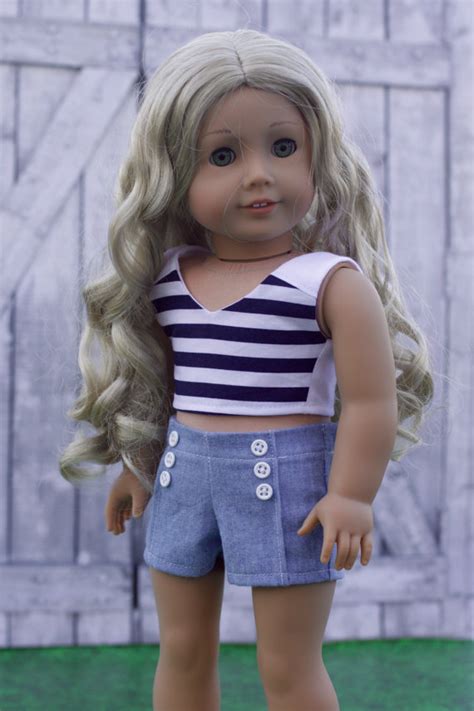 Girl Doll Clothes American Made Trendy Navy Blue White Stripe Woven V Neck Crop Top For 18