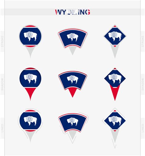 Wyoming flag, set of location pin icons of Wyoming flag. 23383615 ...