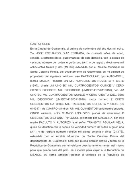 Carta Poder Para Salir Con Vehiculos Pdf Guatemala