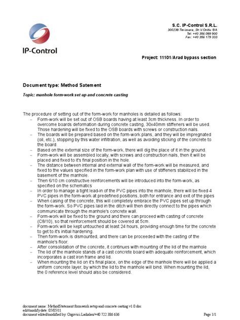 Method Statement Formwork Setup And Concrete Casting V10 Pdf Building Technology Concrete