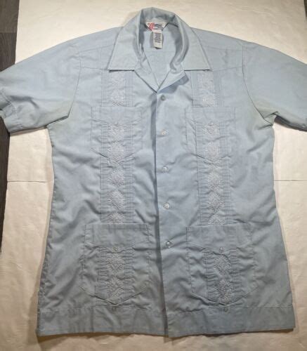 VTG The Romani Collection Guayabera Shirt Mens Medium Blue Short Sleeve