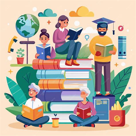 People Reading Books Stacked High Knowledge Growth | Premium AI