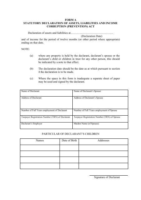 Form A Statutory Declaration Of Assets Liabilities And Income