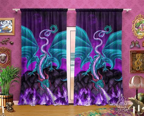 Blue Dragon Curtains 50x84 Printed Window Panels Fantasy Gamer Room Decor Art Print Veal