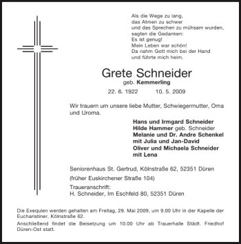 Traueranzeigen Von Grete Schneider Aachen Gedenkt