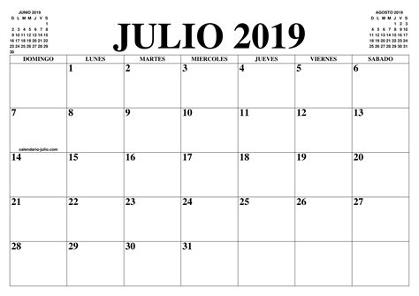 Descarga El Calendario De Julio 2019 Para Imprimir Gratis