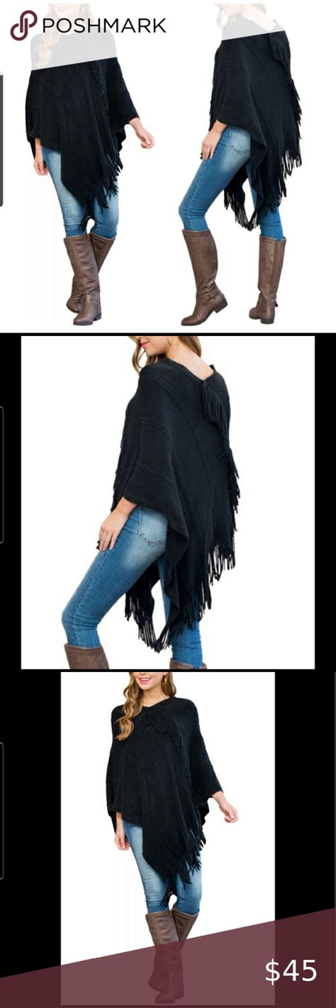 Black Poncho By Riah With Fringe Front Back New Black Poncho Black