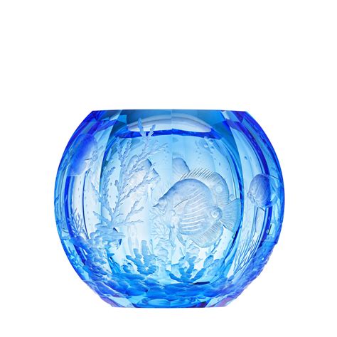 Blue Luxury Crystal Glass Vase Globe With The Decor Of Reef Fish Moser