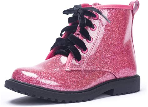 Girls Glitter Ankle Boots Lace Up Waterproof Combat Shoes With Side