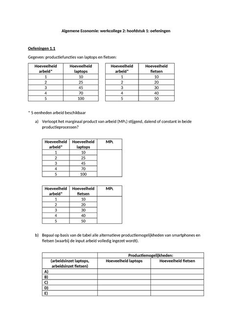 Wc Hoofdstuk Werkbladen Algemene Economie Werkcollege