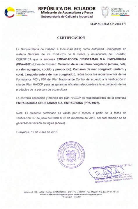 Certificates Crustamar Shrimp Packaging