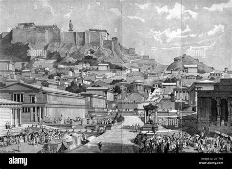 geography / travel, Greece, Athens, agora, view, 2nd century BC reconstruction, wood engraving ...