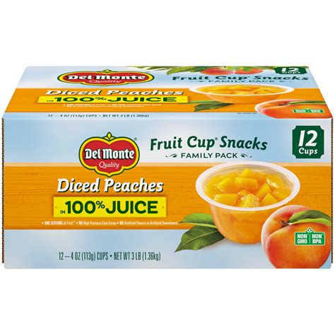 12 Cups Del Monte Diced Peaches Fruit Cup Snacks 100 Juice 4 Oz