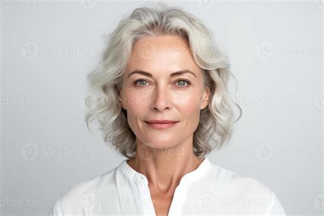 Beautiful Mid Aged Mature Woman Looking At Camera Isolated On White Mature Old Lady Close Up