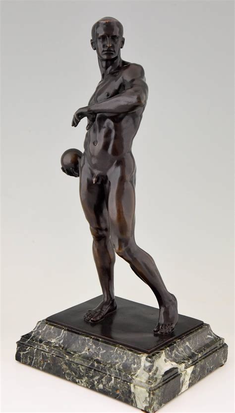 Antique Bronze Sculpture Of A Male Nude Athlete With Ball By Fabricius