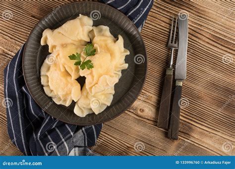 Appetizing Traditional East Europe Dumplings Pierogi With Chee Stock