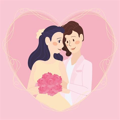 Premium Vector Isolated Cute Lesbian Wedding Couple Characters On A Heart Shape Vector