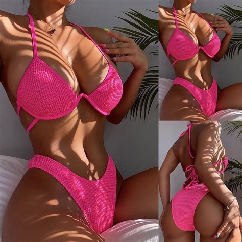 Tejiojio Women S Bikini Solid Set Swimsuit Two Piece Filled Bra