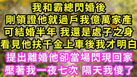 我和霸總閃婚後，剛領證他就過戶我億萬家產，可結婚半年 我還是處子之身，看見他扶千金上車後我才明白，提出離婚他卻當場閃現回家，壓著我一夜七次 隔天我傻了 甜寵 灰姑娘 霸道總裁 愛情 婚姻 小嫻