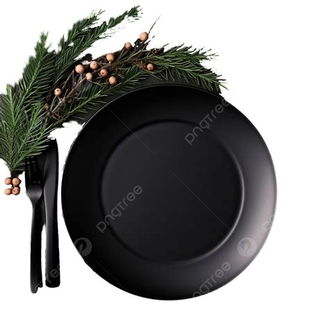 Christmas Composition With Plate Cutlery Pine Branches On Black Table