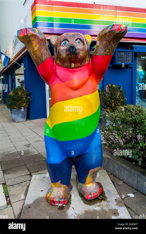 Berlin Germany Gay Sex Store Detail Bear Painted In Gay Flag Colors Outside On Street Sexual