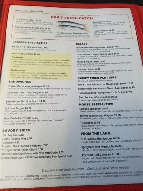 Menu At Sam S Chowder House Restaurant Half Moon Bay