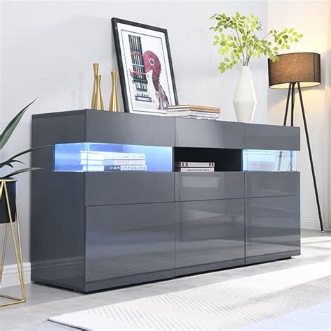 Kirsten High Gloss Sideboard In Grey With Led Lighting Furniture In