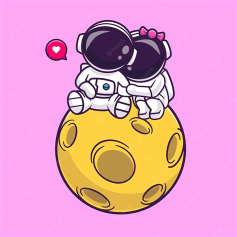 Linda Pareja Astronauta Sentado En La Luna Cartoon Vector Icono Ilustración Ciencia Tecnología