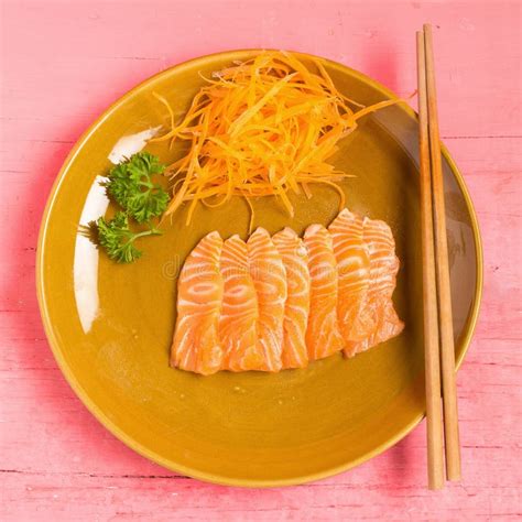 Salmon Sashimi On Dish On Wood Color Pink Stock Image Image Of