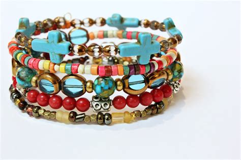 Bohemian Gypsy Beaded Bracelets Handmade Turquoise Cross Brass