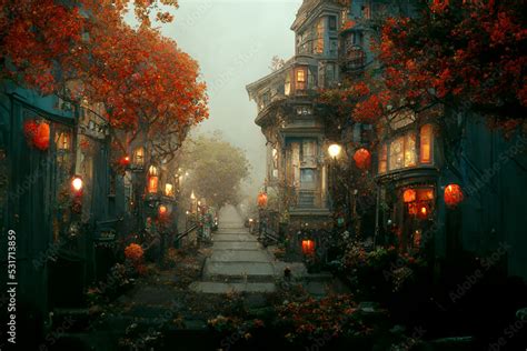 Misty Autumn Street In Small Old Town Halloween Environment D Art