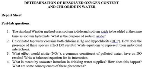 Solved Determination Of Dissolved Oxygen Content And Chloride Nwater N