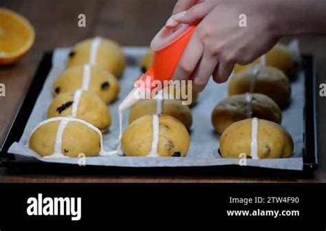 Raw Unbaked Buns Ready To Bake Homemade Easter Traditional Hot Cross Buns On Baking Paper