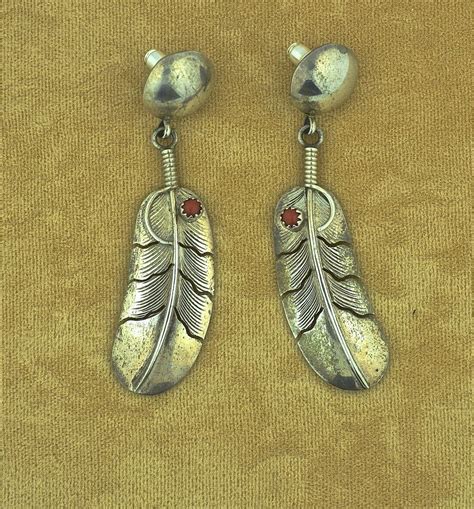 Vintage Native American Sterling Feather Earrings With Coral Feather Earrings Vintage Native