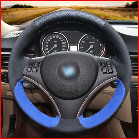 Mewant Black Genuine Leather Black Blue Suede Car Steering Wheel Cover