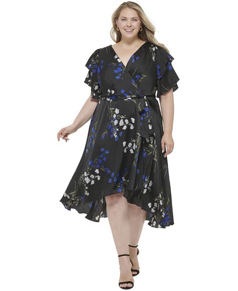 Dkny Plus Size Floral Print Tie Waist Ruffled Sleeve Midi Dress Macys