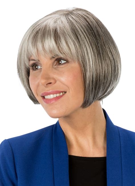 Classic Chin Length Salt And Pepper Bob Wig With Full Bangs Chin