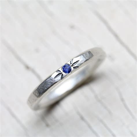 Blue Sapphire Wedding Band Delicate Silver Oxidized Engraving - Etsy